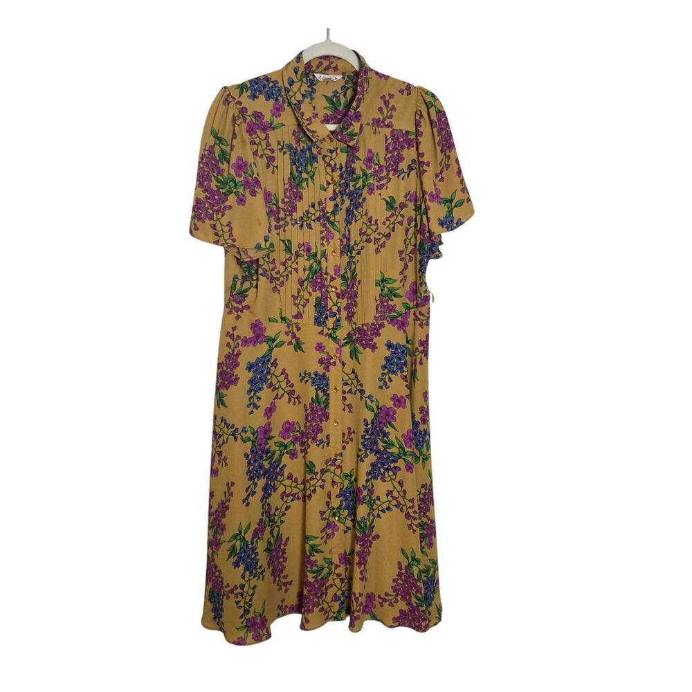 Nanette Lepore Dark Yellow Floral Print Short Sleeve Retro Shirt Dress Size 14